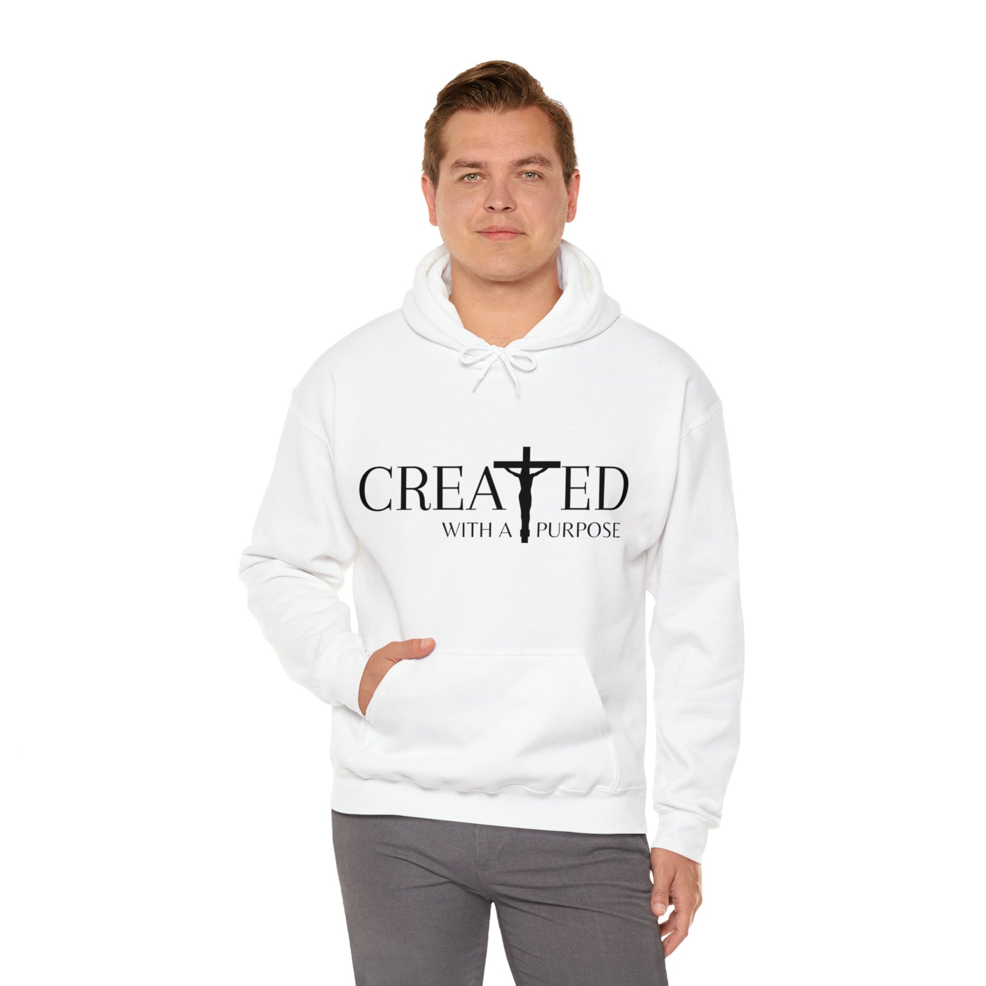 Created With A Purpose Religious Hoodie, Faith Based Hooded Sweatshirt, Christian Tee, Catholic T-Shirt, Faith, Jesus, God, Church Apparel - Male Model Front View 2