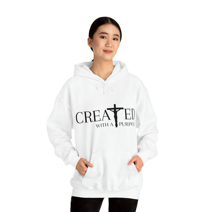 Created With A Purpose Religious Hoodie, Faith Based Hooded Sweatshirt, Christian Tee, Catholic T-Shirt, Faith, Jesus, God, Church Apparel - Female Model Front View