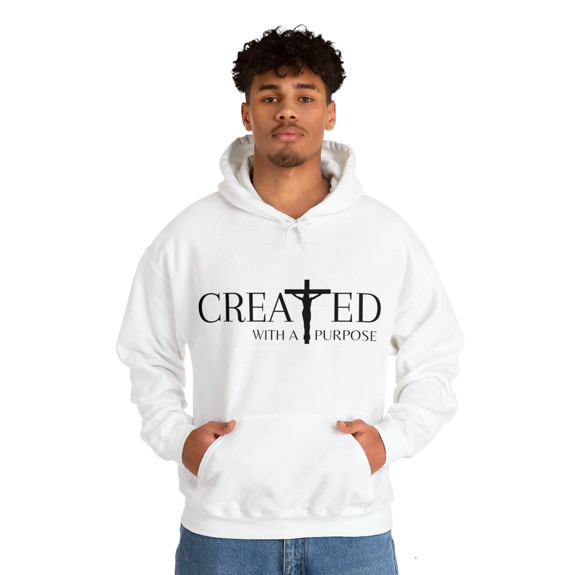 Created With A Purpose Religious Hoodie, Faith Based Hooded Sweatshirt, Christian Tee, Catholic T-Shirt, Faith, Jesus, God, Church Apparel - Male Model Front View