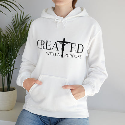 Created With A Purpose Religious Hoodie, Faith Based Hooded Sweatshirt, Christian Tee, Catholic T-Shirt, Faith, Jesus, God, Church Apparel - Front View Close Up