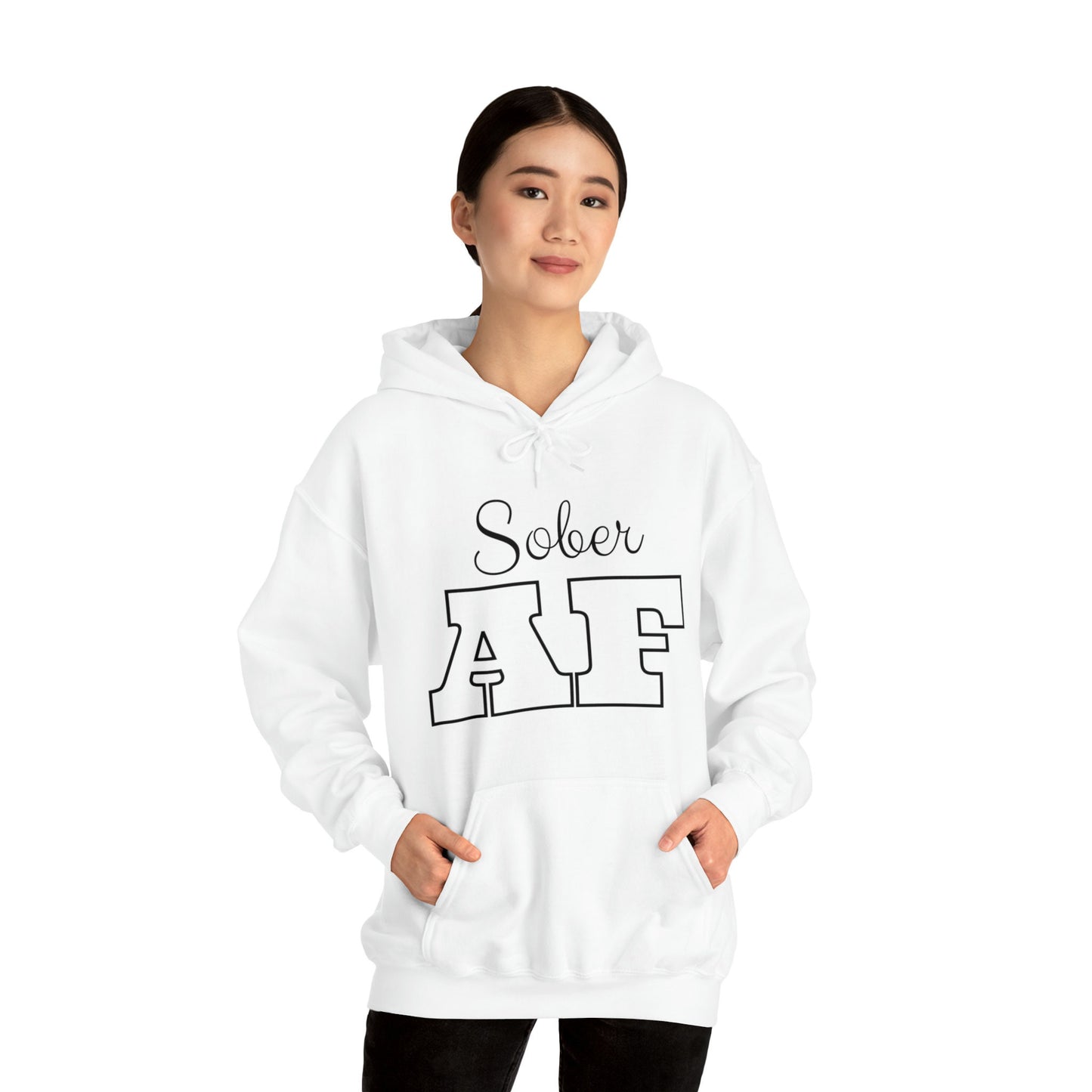 Sober AF Hoodie, Sobriety Pullover, Recovery Hooded Sweatshirt, Recovery Celebration Apparel, AA Shirts, Alcoholic Anonymous Sweatshirt - Female Model
