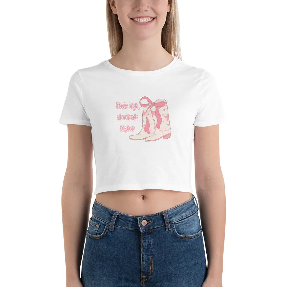 Heels High, Standards Higher' Coquette Pink Cowgirl Boots Crop Top - Coquette Aesthetic Crop Top